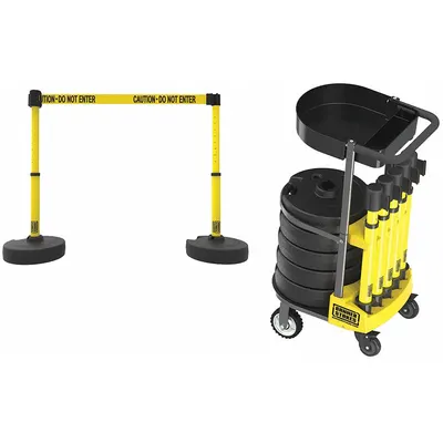 BANNER STAKES Belt Barrier System: 42 in Post Ht, 15 ft Belt Lg, Yellow, 5 No. of Posts - Mobile Retractable Belt Barrier Systems
