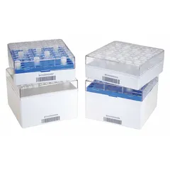 This polycarbonate cold storage box includes a lid and measures 5 1/4 inches in overall width. Designed for organizing cryogenic vials in laboratory and biobank environments, it provides durable containment for sample management at ultra-low temperatures.