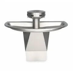 Sensor-operated wash fountain with a semi-circular stainless steel bowl and central rising drain. Designed for four simultaneous users, this ADA-compliant unit has an overall width of 54 inches. Suitable for high-traffic commercial restrooms requiring durable, accessible handwashing.