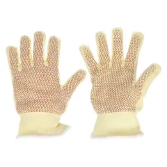 These beige knit gloves feature a dotted nitrile palm coating for enhanced grip. Rated for a maximum temperature of 400°F, they are suited for industrial tasks such as material handling, assembly, and light fabrication where heat resistance and secure grip are required.