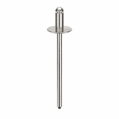 Large flange blind rivet with 0.122-inch diameter and 1.54-inch overall length. Features a 1/4-inch body length and plain finish. Supplied in a 500-piece pack. Used for fastening sheet metal, plastics, and composite materials where access is limited to one side.