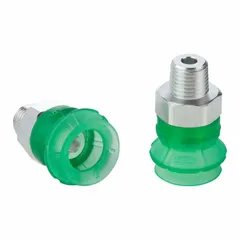 Bellows type vacuum pad assembly with 1.5 folds, 26.3 mm pad diameter, and 1/8 in NPT connection. Made of Elastodur ED material in green with 65 A durometer. Suitable for gentle handling of lightweight or delicate items in automated pick-and-place systems.