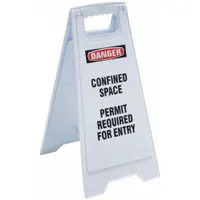 This white polypropylene folding sign warns that a confined space requires a permit for entry. It is non-retroreflective and non-glow-in-the-dark, with a nominal size of 24 in x 11 29/36 in x 12 in. Typically used for floor placement in industrial settings to indicate permit requirements