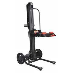 This modular electric-lift and manual-push platform lift truck with workbench is constructed of steel. It has an 18 x 18 inch platform and overall dimensions of 36 x 33 x 48 inches. Used for lifting and moving loads in warehouses, manufacturing, and maintenance facilities, the electric lift reduces operator strain while the workbench supports assembly and repair tasks.