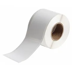 White matte-finish precut label roll for Brady J2000 printer series. Label width 2 11/64 in, roll length 3 11/32 in. Used for industrial labeling such as asset tracking, cable identification, and component marking.