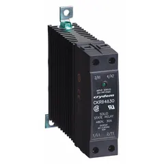This DIN-rail mounted solid state relay features an SCR AC output with a Form A switch configuration. It handles output voltages from 48 to 530V AC and a maximum output current of 30 A without a heat sink. The relay has a 5 mA input current, screw clamp electrical connection, and is finger safe. Typical applications include switching AC loads in industrial automation, HVAC, and process control systems.