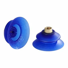 Bellows type vacuum pad assembly with 1.5 folds, 3/8 in NPT connection, and 109 mm pad diameter. Made of blue Elastodur ED material with Shore hardness 85 A. Used for automated handling of curved or delicate parts in assembly and transfer operations.