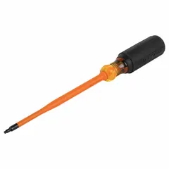 Insulated square screwdriver with #1 tip size, 6 in shank length, and 10-1/4 in overall length. Cushion grip handle provides comfort. Suitable for turning square-drive fasteners in electrical work, including recessed or deep-set fasteners in panels and junction boxes.