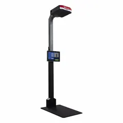 Electric-powered dimensioner with aluminum housing, 19-7/8 in width, 25 in length, 63 in height. Includes touchscreen display and Ethernet interface. Used for automatic measurement of parcel length, width, and height in logistics and warehousing operations.