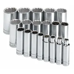This 19-piece socket set includes 12-point SAE deep sockets ranging from 3/8 in to 1-1/2 in with a 1/2 in drive. The sockets feature a friction ball retainer for secure attachment. Suitable for tightening and loosening fasteners in automotive repair, industrial maintenance, and mechanical assembly.