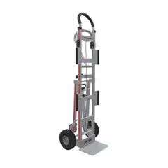This MAGLINER hand truck features a single-loop aluminum frame in silver finish with pneumatic tires. The 59-inch handle height provides leverage for moving heavy appliances and equipment. Suitable for navigating stairs, curbs, and uneven surfaces in commercial, industrial, and residential settings.