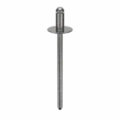 Steel large flange blind rivet with 0.122" diameter and 1 27/50" length. Body length 1/4", overall length 1 35/64". Supplied in 500-piece pack. Used for fastening materials where access is limited to one side, with large flange distributing load over a wider area.