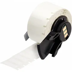 Precut wraparound label roll for wire, cable, and cylindrical surface identification. White matte vinyl material resists smudging and abrasion. Each label measures 1/4 in x 1 3/32 in on a 1 1/8 in wide roll. Includes 750 labels. Compatible with Brady BMP61 printer series; requires ribbon M61-R4310.