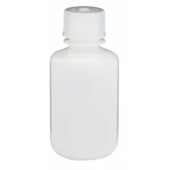 HDPE narrow-mouth round lab bottle with 60 mL (2.02 fl oz) capacity. Natural body color. Includes attached 20-415 mm screw closure. Not pre-cleaned. Used for collecting, storing, and transporting liquid samples in laboratory and industrial settings.