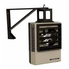 Fan-forced electric unit heater for wall or ceiling mounting. Operates on 480 V AC, 3-phase power. Dimensions: 17-3/4 in H x 14-15/32 in W x 6-1/2 in D. Suitable for heating industrial and commercial spaces such as warehouses, workshops, and retail areas.