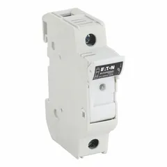 Single-pole finger-safe fuse block for solar photovoltaic applications. Mounts on DIN rail with box lug termination. Accepts Class R or midget fuses for overcurrent protection in DC circuits up to 600 VDC.