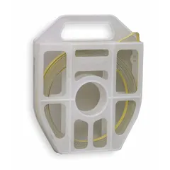 Yellow stainless steel strapping with 0.025 in thickness, 50 ft length, and 1,000 lb break strength. Used for industrial bundling and securing applications requiring corrosion resistance, such as fastening pipes, cables, and ducts.