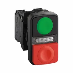 This illuminated multihead push button from the XB5 series features three momentary actions with an I/O legend. It has a 22 mm mounting diameter, non-metallic button material, and full voltage LED illumination. The contacts are rated 3 A at 240 V AC and 0.55 A at 125 V DC. Suitable for industrial control panel applications such as start/stop or selector functions.