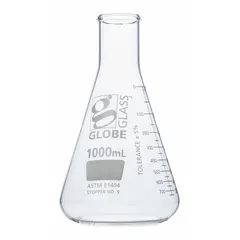 Conical glass flask with colorless body, 1 L capacity, meeting USP Type I specifications. Compatible with stopper size 9. Used for mixing, heating, and storing liquids in laboratory settings, including titration, culturing, and chemical reactions.
