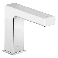 This KOHLER Kinesis™ faucet is a single-post sensor model made of brass with a polished chrome finish. It is battery-powered and includes mounting hardware. Designed for touch-free operation in commercial restrooms, it supports hygiene and convenience in high-traffic settings.