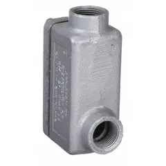 Iron LB conduit outlet body with triple coat epoxy coating, 3/4 in trade size, threaded female hubs, and flat back. Includes cover. For use with RMC in hazardous locations (Class I, Div 1 & 2, Group D; Class II, Div 1 & 2, Groups E, F, G; Class III).
