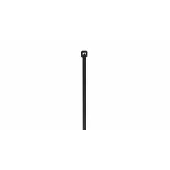 Black heat-stabilized cable tie with 12-inch nominal length and 0.19-inch width, rated for outdoor use. Secures bundles up to 3 1/4 inches in diameter. Suitable for wire and cable management in environments exposed to sunlight and temperature variations. Pack of 100.