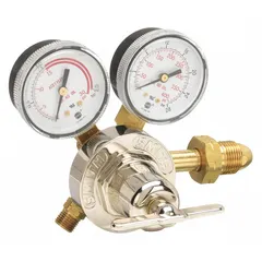 Single-stage fuel gas regulator for acetylene service. Reduces cylinder pressure to a stable 15 psig outlet. Features CGA 510 inlet and 9/16"-18 M LH outlet. Neoprene diaphragm. Used in cutting, welding, and heating applications.