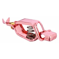 Copper alligator clip used as a bonding and grounding clamp. Provides a temporary connection for grounding wires in electrical applications. Copper construction ensures conductivity and corrosion resistance.