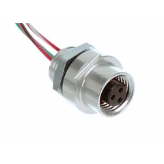 Micro M12 receptacle with 3 pins and a 1 ft wire lead, designed for signal and low-power applications. Features a PVC cable jacket, 22 AWG wire size, and IP67 / NEMA 6P ratings for use in harsh environments. Front-mounting female connector.