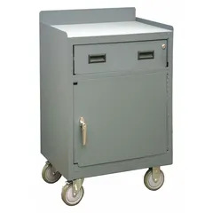 Fully assembled steel mobile cabinet bench with drawers and shelves. Gray finish. Overall load capacity of 1,200 lb. Includes handle on side for mobility. Suitable for industrial storage and workspace applications.