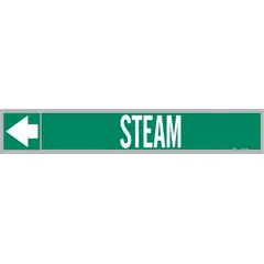 Green adhesive pipe markers with white legend reading 'Steam' and directional arrows. Each roll contains 25 markers designed for pipe outer diameters of 1-1/2 to 2 inches. Used to identify steam piping in industrial facilities for safety and compliance with pipe-marking standards.