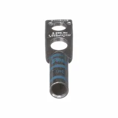 Two-hole compression lug for terminating 6 AWG stranded copper wire to a 1/4 in stud. Features a long copper barrel, P24 die code, and inspection hole for verifying wire insertion. Suitable for use in electrical panels, switchgear, and power distribution systems.