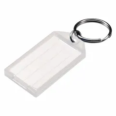 These clear plastic key tags are designed for labeling and organizing keys. Each tag features a blank label surface with included inserts for custom identification. Supplied in a 10-pack with an overall height of 2-1/4 inches, suitable for use in industrial facilities, maintenance shops, or warehouses.