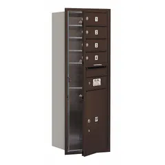 This horizontal multi-unit mailbox features 5 lockable doors and is designed for recessed mounting. With dimensions of 41 3/8 inches high by 17 inches wide by 16 1/2 inches deep, it provides front-access mail distribution for multiple tenants. Suitable for apartment buildings, offices, or condominiums.