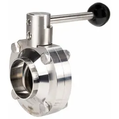 This 3-A certified butterfly valve features a 316L stainless steel body and disc with an average surface roughness (Ra) of ≤ 32 micron, suitable for sanitary processing applications. It has a solder end connection, lever handle with 4 stop positions, and a maximum pressure rating of 140 psi (CWP).