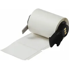 White matte-finish precut label roll for cryogenic thermal transfer printing. Label height 1 1/2 in, width 1 29/32 in, roll length 1 1/2 in. Compatible with BMP61 printer series. Used for asset identification, pipe marking, and equipment labeling in industrial environments.