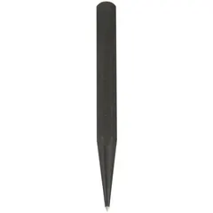 This prick punch features a 3/16 in tip size and a hexagon, plain grip design. It has a 1 in taper length and a 4-1/2 in overall length. Used for marking or starting holes in materials such as metal, wood, or plastic before drilling, it creates a dimple to guide drill bits and prevent wandering. Supplied in bulk packaging.