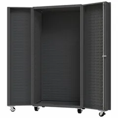 Heavy-duty mobile cabinet with a deep box configuration, no shelves or bins. Suitable for storing large or bulky parts and tools in maintenance shops, warehouses, and assembly lines. Dimensions: 36 1/4 in width, 26 in depth, 76 1/4 in height.
