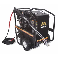 Cart-mounted hot water pressure washer delivering 3000 psi at 2.9 gpm. Powered by a Honda engine and designed for use with No. 1/No. 2 Fuel Oil. Suitable for heavy-duty cleaning tasks such as removing grease, oil, and grime from equipment and surfaces. Supports a usable per week of 20 hours.