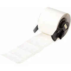 White matte destructible tamper-indicating precut label roll with two sizes: 1 in x 1 1/2 in and 1 1/2 in x 1 in. Compatible with BMP61 printer series. Used for asset tagging, security seals, and tamper-evident labeling in industrial environments.
