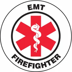 Engineer-grade retroreflective hard hat label with 2 1/4 in diameter. English text identifies EMT firefighter personnel. Suitable for use on hard hats in construction, emergency response, and industrial settings to improve visibility in low-light conditions.