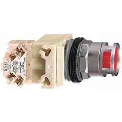 This illuminated flush-mount push button from the SCHNEIDER 9001K series features a 30 mm metallic flush profile and SPDT contacts. The momentary action is suited for control panel applications such as machine start/stop stations or process control interfaces requiring a durable illuminated operator.