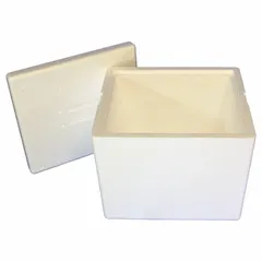 White cardboard shipping box with a 1.25 in thick Styrofoam insert. Outer dimensions 13 3/8 x 11 3/8 x 11 7/8 in. Used for temperature-sensitive shipments requiring thermal insulation during transit.