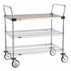 This corrosion-resistant utility cart features three flat chrome wire shelves and four swivel casters. With dimensions of 38 in L x 21 in W x 39 in H, it is suitable for transporting and organizing materials in commercial kitchens, hospitals, warehouses, and laboratories.