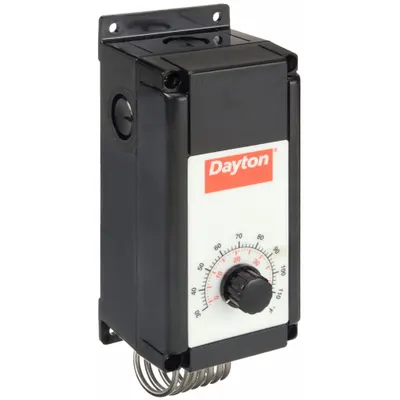 Dayton Line Volt Mechanical Tstat: Heat or Cool, Plastic, 30° to 110°F, 3°F - Weatherproof Two-Stage Controls
