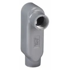 Aluminum LB - 90° elbow type conduit outlet body with 1 in trade size and 12 cu in body capacity. Powder-coated finish with threaded IMC connections and stainless steel screws. Used as a pull point and access for wire pulling in rigid conduit runs, allowing direction change in electrical installations.