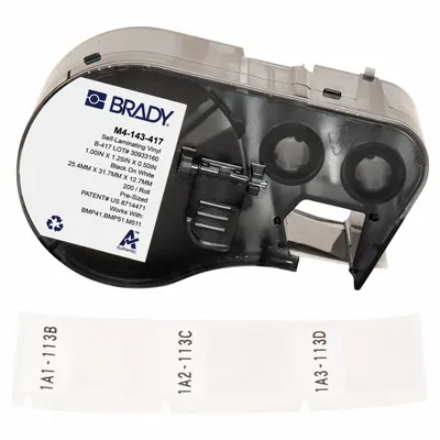 BRADY Wraparound Label: 1 1/4 in x 1 in, Self-Extinguishing Vinyl, White (Matte) - Brady Precut Label Roll Cartridges