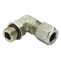 This PARKER Ferulok series elbow is a steel flareless bite-type compression fitting. It is used to connect tubing to threaded ports in hydraulic and pneumatic systems, providing a leak-proof seal under high pressure. The fitting has a 1-1/16-12 thread size and is suitable for fluid power applications