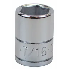 This 1/4" drive hand socket features a 7/16" SAE hex size with a 6-point standard profile. The chrome finish provides corrosion resistance. It is used with compatible ratchets and extensions for tightening or loosening hex fasteners in automotive, machinery, and general assembly applications.