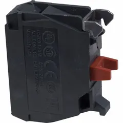 This contact block is a switching element for industrial control stations, designed for 22 mm panel mounting. It features a 1NC configuration with momentary/late break switch action, ensuring the normally closed circuit opens after full actuator depression. Screw clamp terminals provide secure wiring connections. Compatible with the XB5 series.